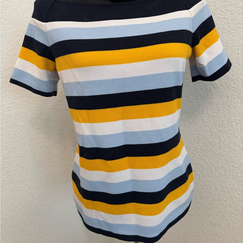Ann Taylor Navy and Yellow Striped Tee